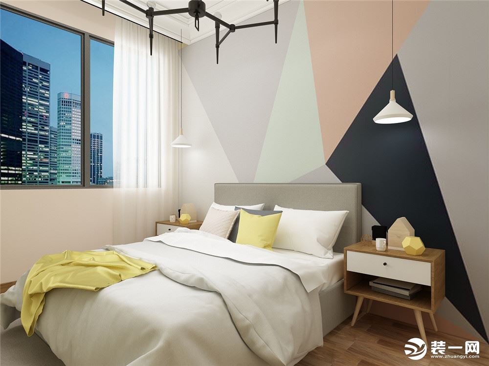 主卧床头一组简单的挂饰，主卧床头边的吊灯，地板采用原色木纹地板，更能凸显本案的风格。整个设计给人以温