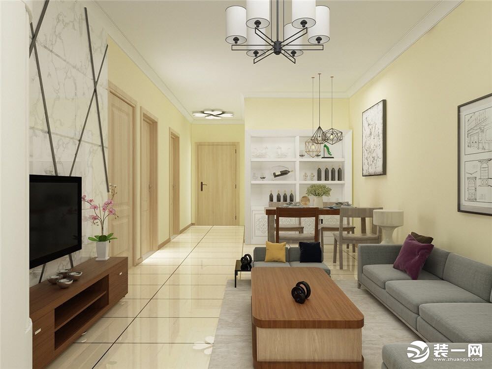 全屋以淡黄色乳胶漆为主，客厅的电视墙采用布料材质，纹理自然大方