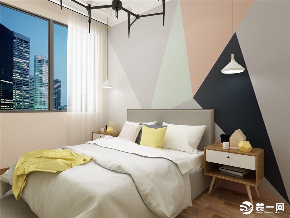 主卧床头一组简单的挂饰，主卧床头边的吊灯，地板采用原色木纹地板，更能凸显本案的风格