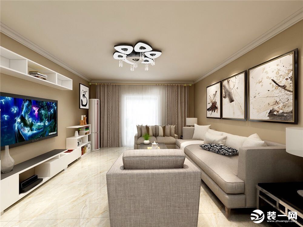 客厅白色电视柜， 黑白相间茶几和沙发灰带搭配很和谐