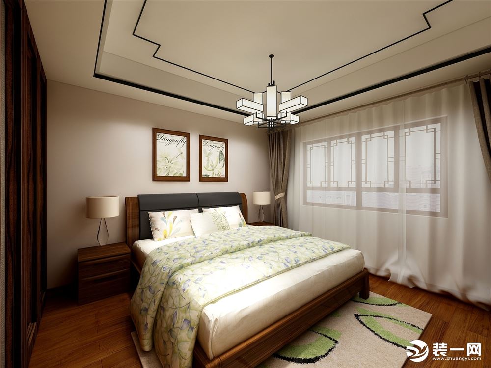 三个卧室的地面是实木强化复合地板，顶面是黑色木条圈边和双层石膏板吊顶
