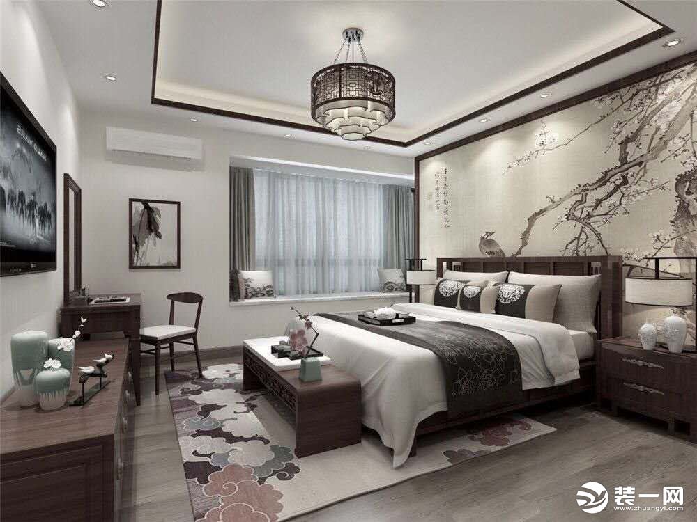 现代风格卧室的背景墙是整体的壁纸，中式突出的桃木色床，吊灯电视柜