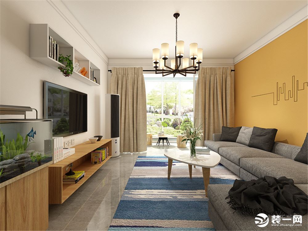 客厅的的沙发背景墙以黄色乳胶漆来装饰，配上一个简单的线条构成的图案来使得整个空间更显得明亮和沙发的灰