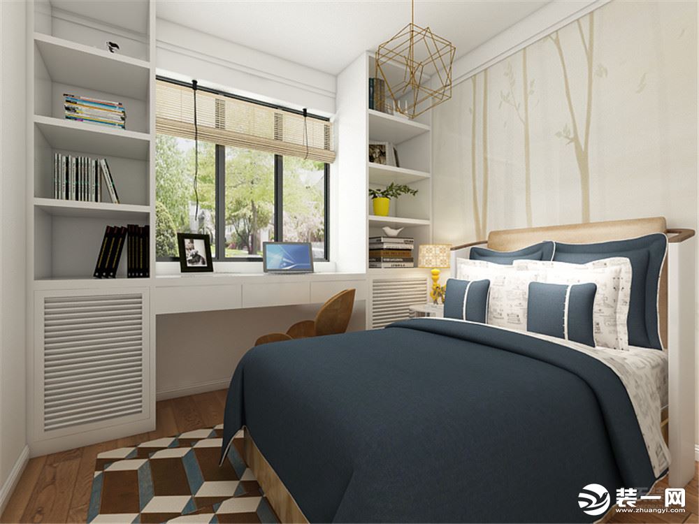 主卧的设计较为简单，双人床和书柜附带一个飘窗，墙面用素色的壁纸来装饰。