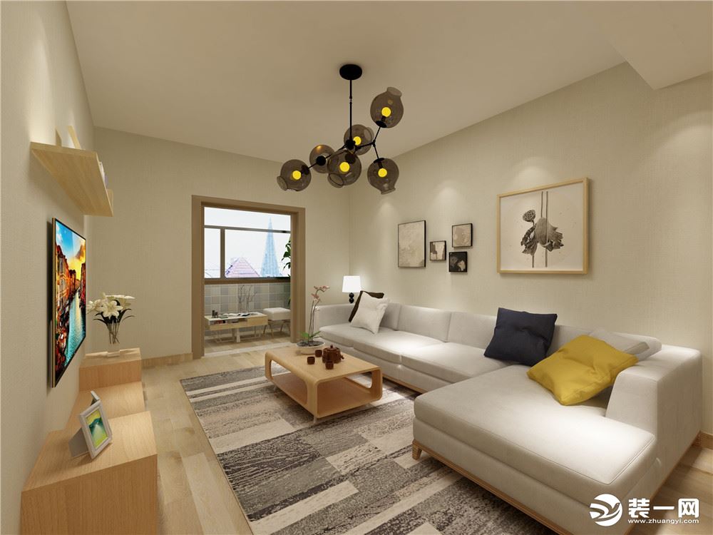 客厅以浅色系为主，在室内环境中力求表现悠闲、舒畅自然的生活情趣