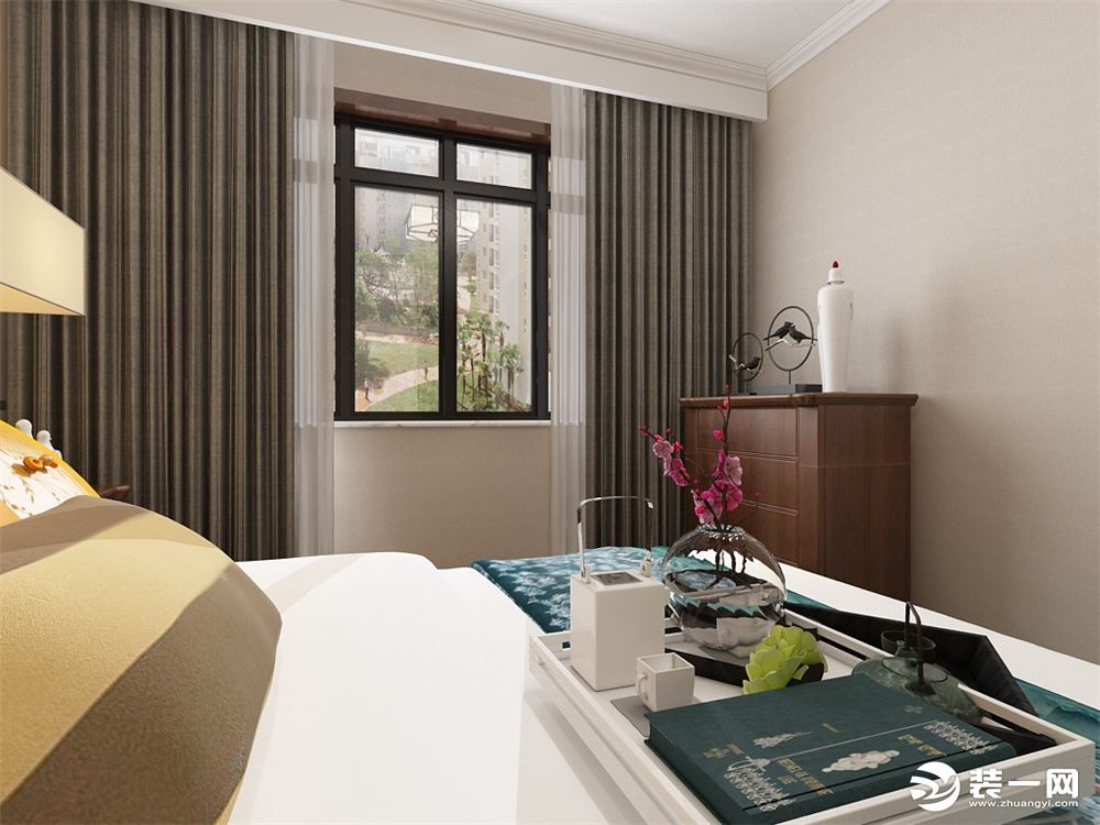 卧室深色中式家具，软装多用暖色搭配。