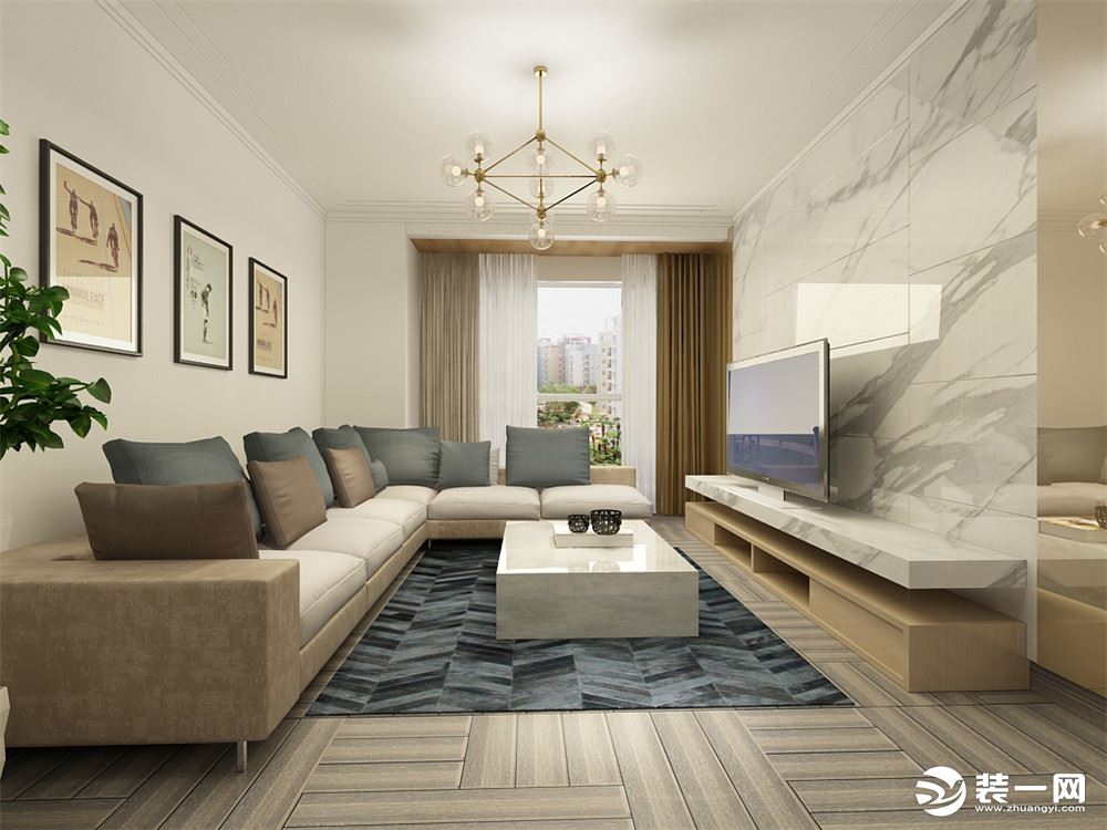 客厅的设计比较简单，沙发背景墙放了3幅装饰画，使空间更为大气。
