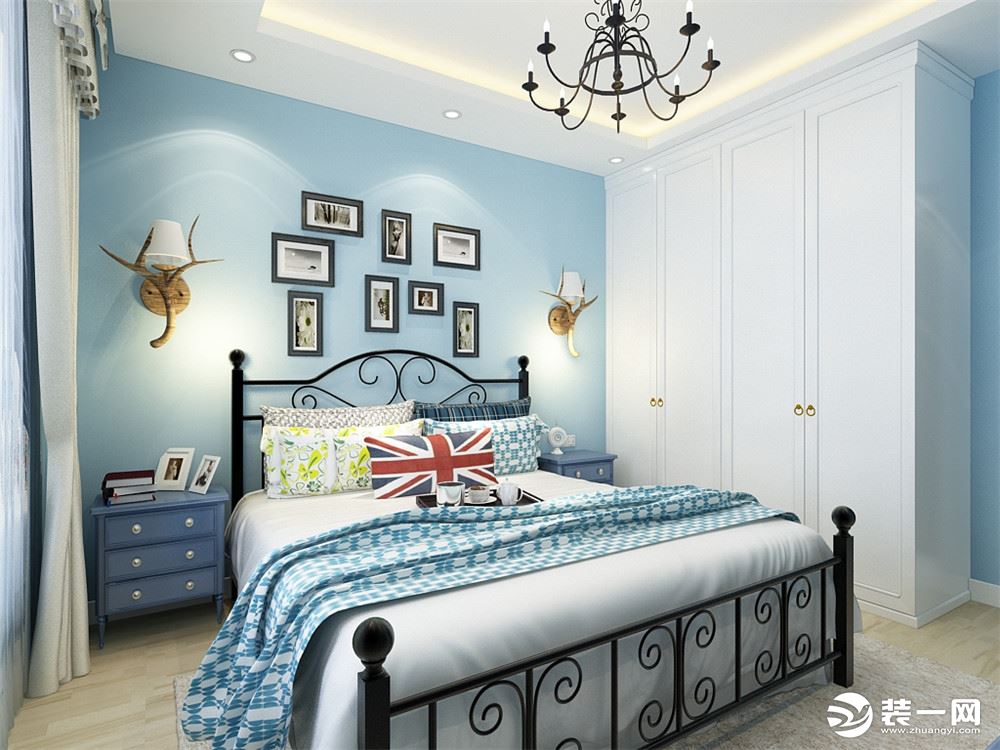 背景墙为蓝色也能营造出一种温馨舒适的休息空间，突出中心，适度的装饰是家居不缺乏时代气息。