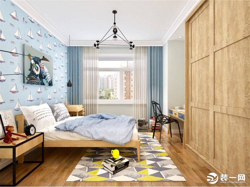 次卧室是北欧风格的儿童房，整体墙面是蓝色壁纸，床架、床头柜、衣柜包括书桌都是木色。