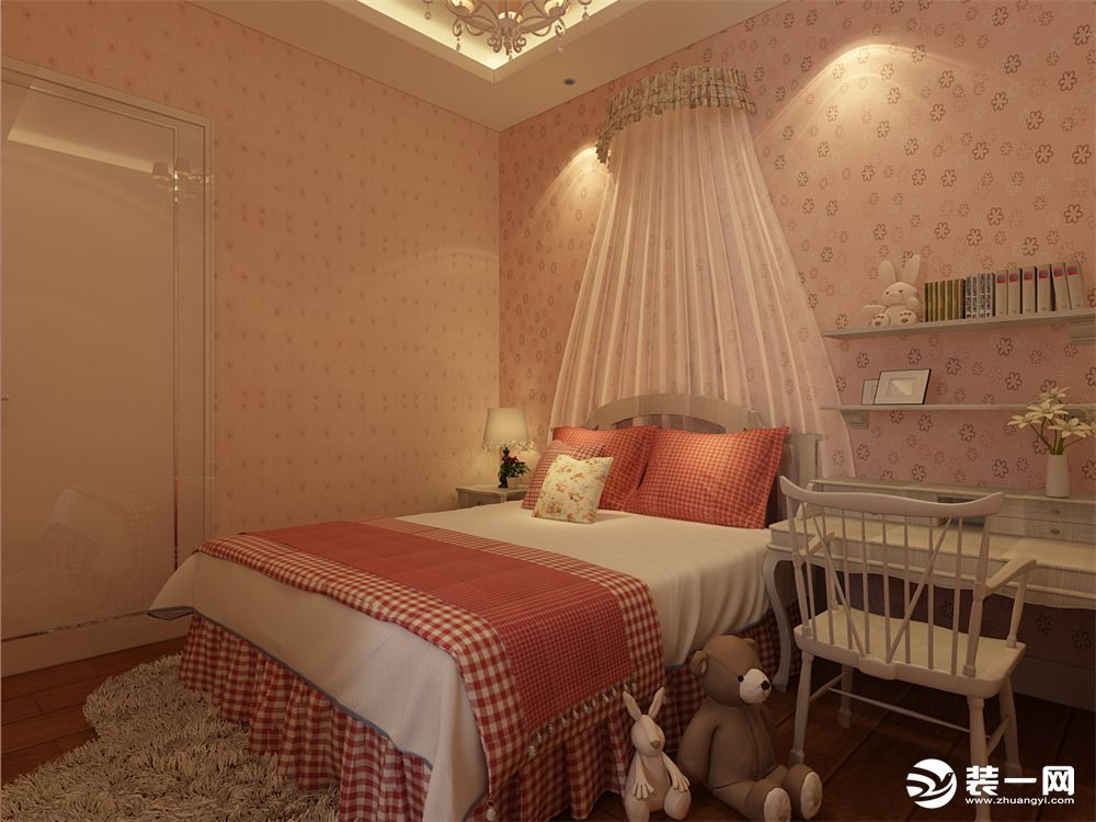 其中一个墙壁则采用了粉色的壁纸，加上粉色的床以及可爱的小玩偶是每个小女孩幻想的公主房。