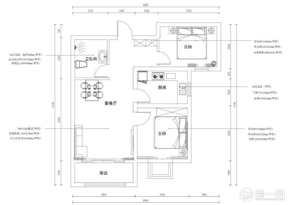 【力天装饰】融泰城 2室 89㎡ 现代户型图