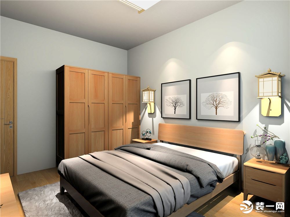 主卧的地面采用实木复合地板铺贴，主卧室的空间比较大，靠近门的位置放置了展示柜子，可用于展示物品，在床