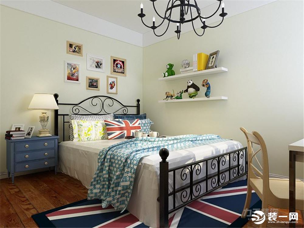 次卧是儿童房，铁质单人床加床头柜，白色书桌，丰富了室内的色彩