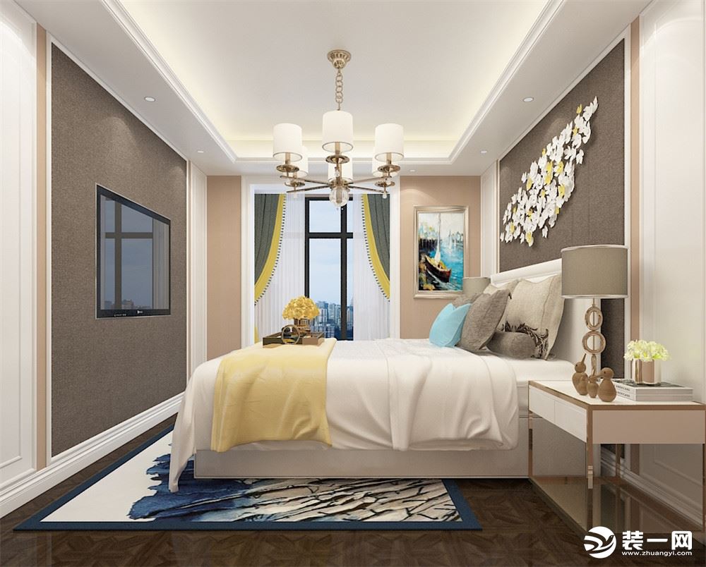 卧室也用了没有花纹的素色壁纸，地面用实木复合地板铺装，墙面用挂画，装饰品进行点缀。让房间觉得温暖又高