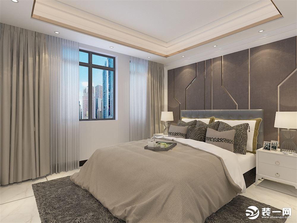 主卧室采用原木色、黄、米以及绿植等色彩元素搭配的床整体体现温馨的感觉，柔和的色调，不会显得混乱。 次