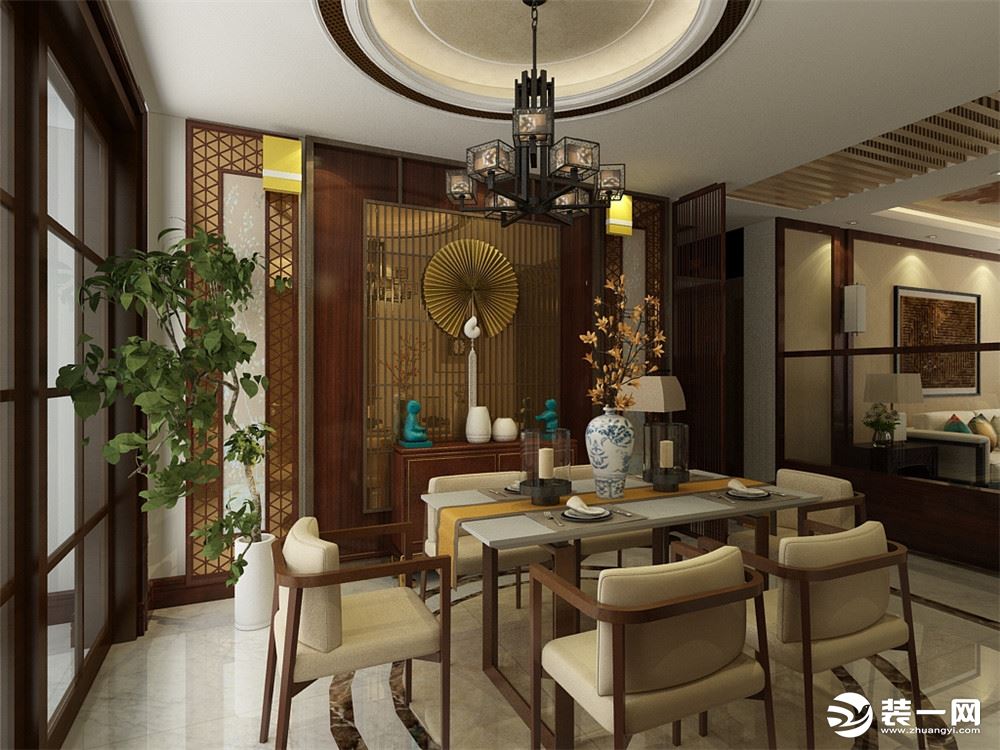 餐厅与客厅之间放置一个屏风，既能起到区域划分的效果又能在视觉上增加房间层次感