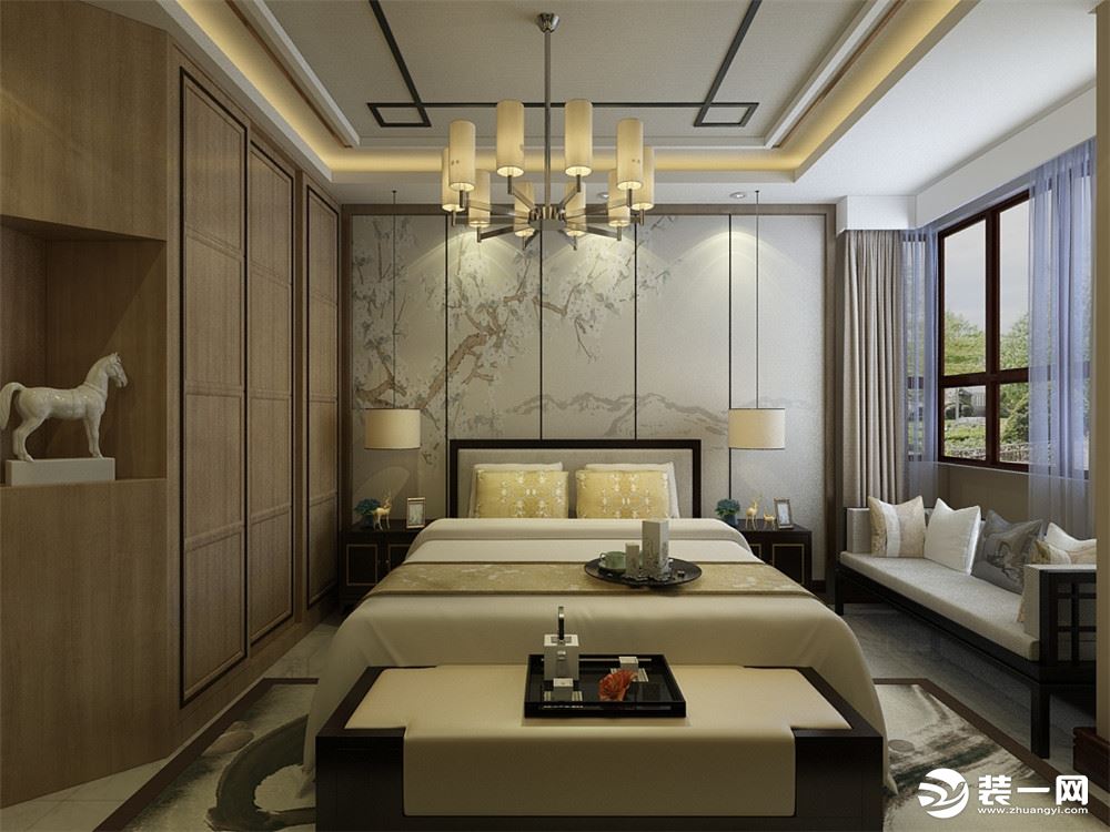 卧室部分墙体采用画框式造型，增加美感同时又节省材质增大空间