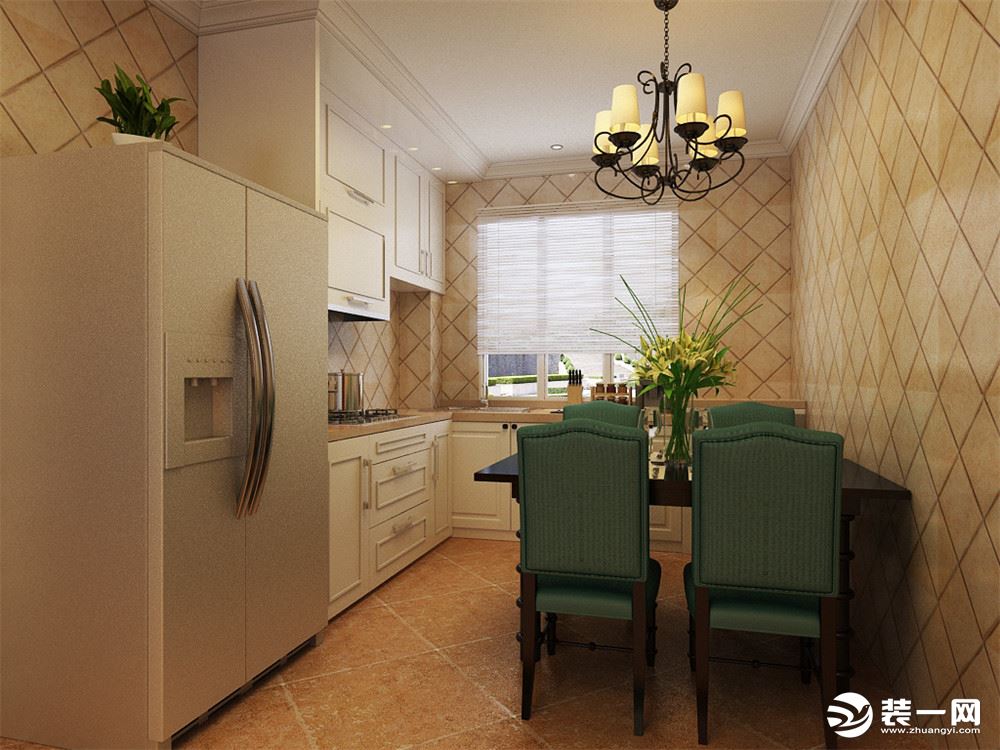 厨房为开放式厨房，是美式中典型的设计，厨房墙面斜拼的墙砖与整体空间设计相结合