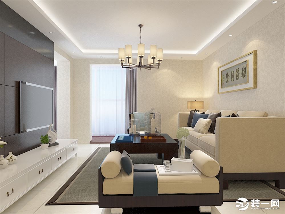客厅选用中式风格家具，洁净大方，中式元素浓郁，做一个电视背景墙，使整个客厅更舒服