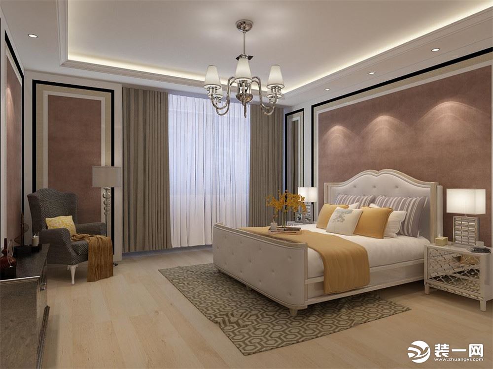 卧室地面地板的木色偏浅，双人床也选了米白色，显得很干净，背景墙最主要的选了豆沙色壁纸，与整体颜色搭配