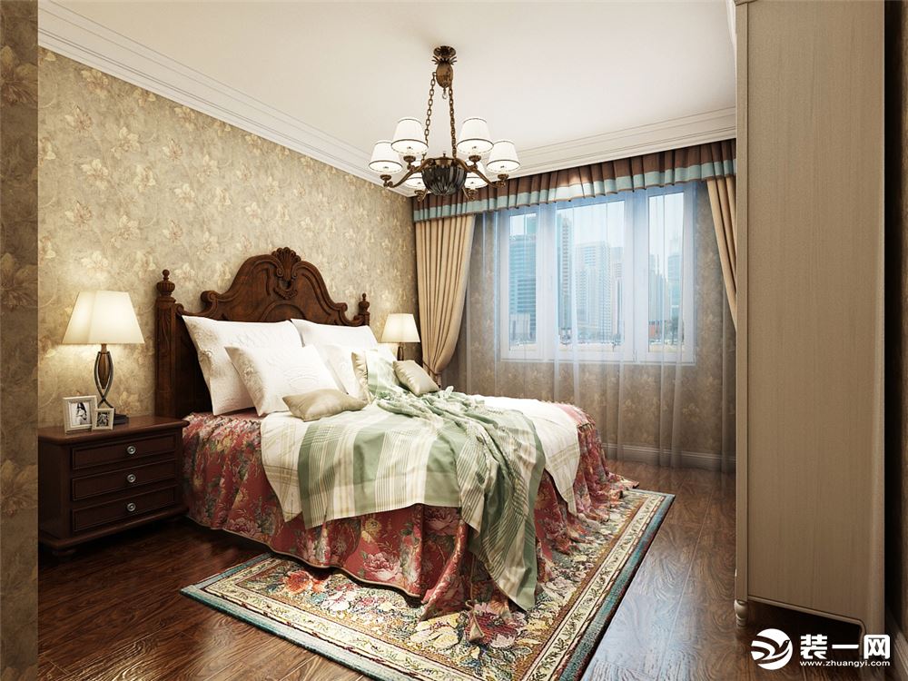 卧室均选用木质美式家具，墙面壁纸为大马士革壁纸。整体空间宽敞明亮，大气又不浮夸，给人以更强的视觉冲击