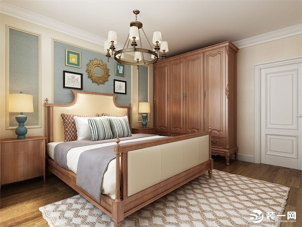 卧室里面，衣柜、床头和床头柜等，都是用了统一的木色，其他的配色主要是米色和蓝色，与客厅的颜色相互搭配