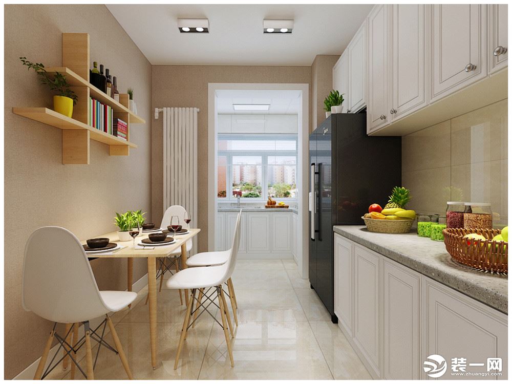 厨房区域，做成了厨房，把灶台和洗菜盆放在了阳台，这样可以增加整体空间，还增加了地方可以放餐桌。