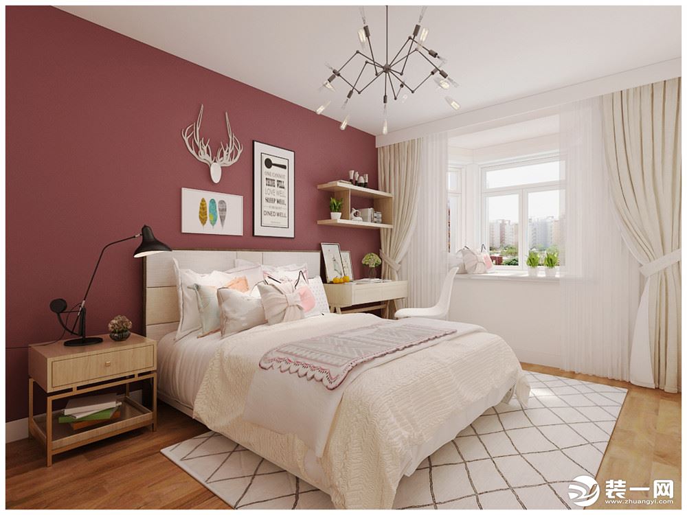 卧室地面采用复合地板，床头部分的墙面是豆沙色，体亮了整体房间的色调，写字台和床头柜都是原木色，显得清
