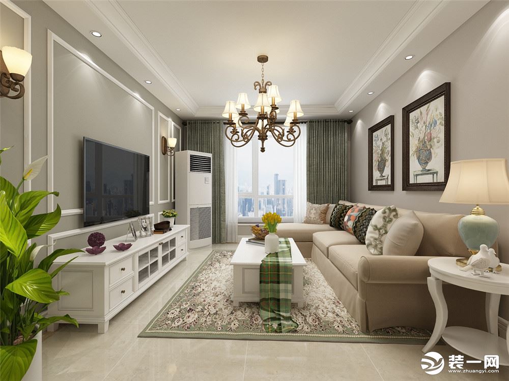 沙发背景采用美式风格挂画，电视墙粉刷灰绿色乳胶漆，以传统美式风格石膏线圈线