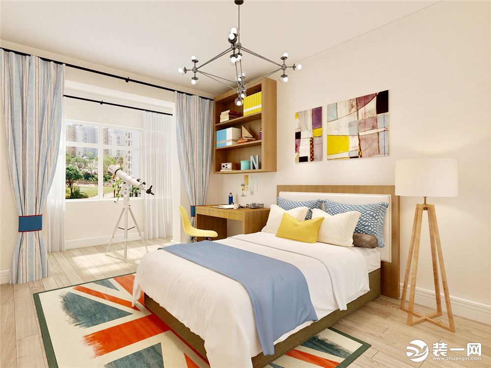 主卧室和次卧室通铺强化复合地板，墙面也是和客厅一样的浅奶茶色。