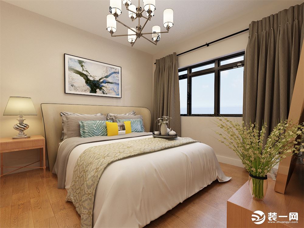 主卧室采用简洁的图案的各种布艺相得益彰。现代风格属于都市生活中的的一茉绿色