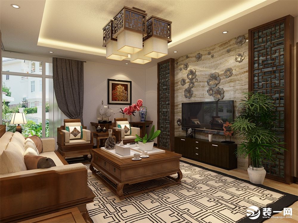 客厅的设计采用了传统的中式家具，和一些简单的配饰