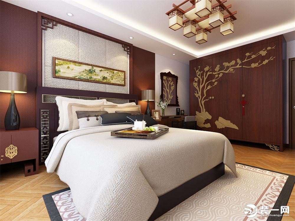 卧室只是摆设了中式的家具，放了很有特色的壁画加上一些绿植作为点缀