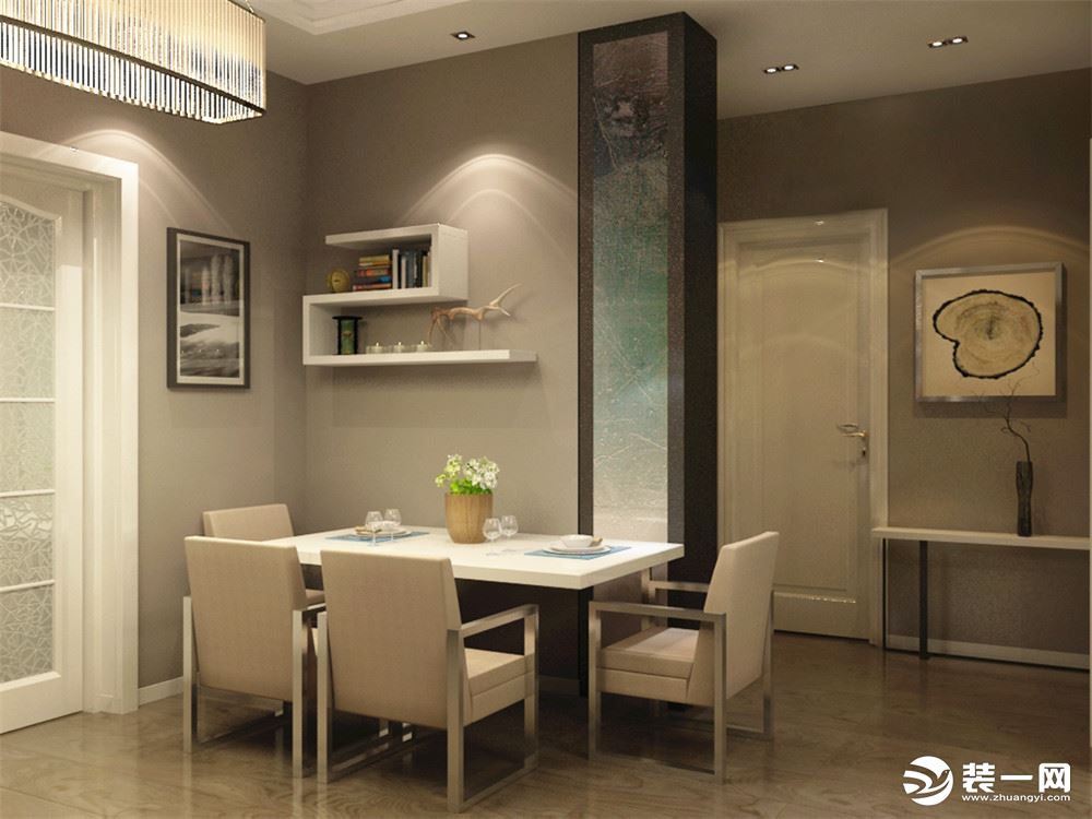 在餐厅的设计中，采用了白色系的餐桌椅搭配白净的厨房双开门。