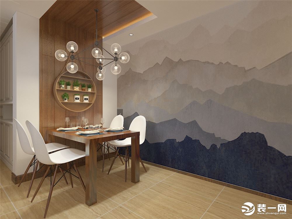餐厅处餐厅背景墙 用木地板上墙一直延伸指顶面，与顶面灯带造型呼应旁边的墙面则以冷暖灰白的渐变造型做墙