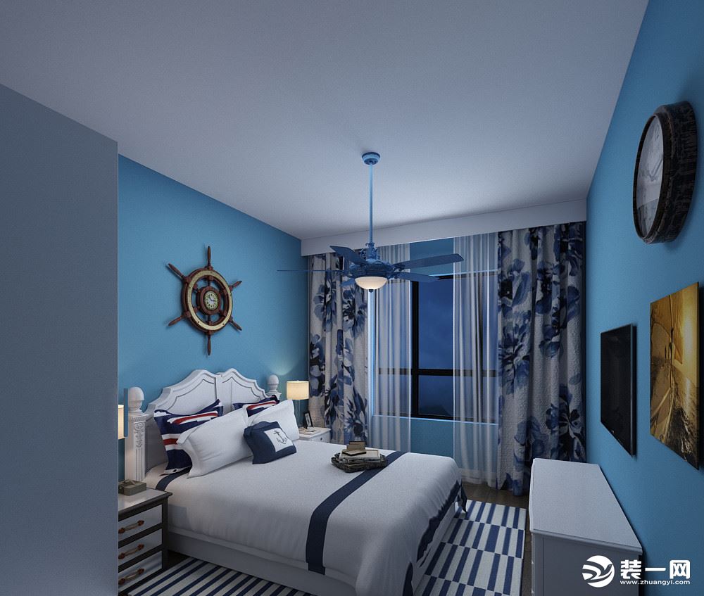 卧室也是以蓝白色为主，造型简单有特点的主灯
