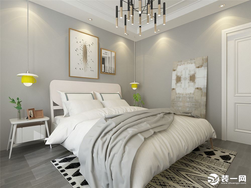卧室烤漆白家具，软装多用浅色搭配。
