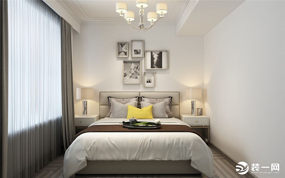 卧室的设计舒适大气，家具的颜色选择大部分为浅色