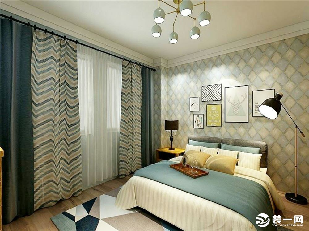 主卧室壁纸采用方格蓝黄相间的颜色