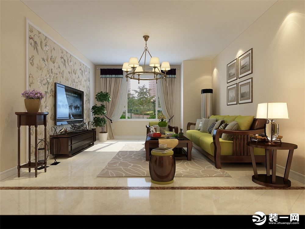 客厅作为待客区域，要明快光鲜，用石膏线壁纸电视墙实用美观
