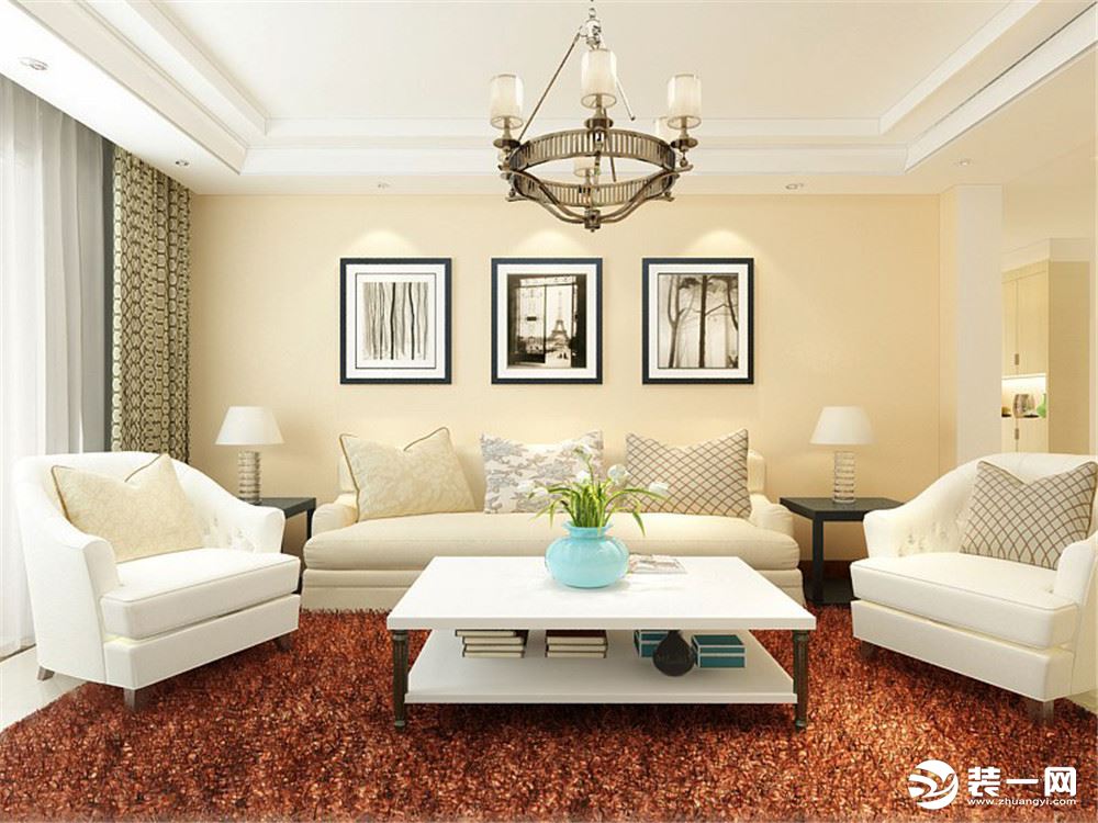 使得看起来简洁大气明朗。沙发则采用了素米色沙发搭配白色茶几显得素雅