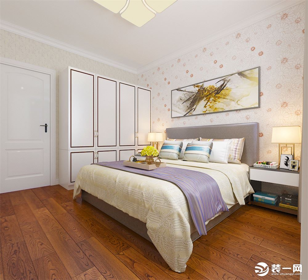 地面选用暖色复合木地板，墙面是选用AB版的方式满贴壁纸。