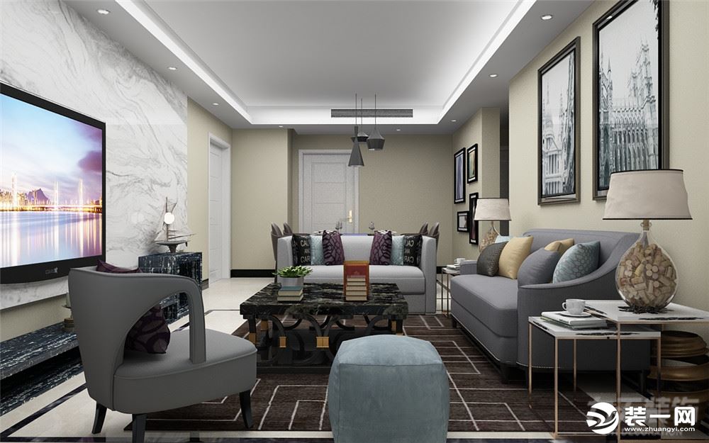 客厅主要以白色为主色调，咖啡色和白色组成的地毯，灰色的沙发，抱枕则使用了一些跳跃的颜色，为整体空间增