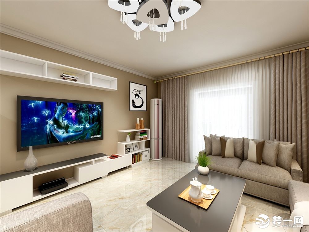 客厅三加二加一的沙发茶几，白色的实木颗粒板电视柜上面加阁板，和一个座机柱形空调