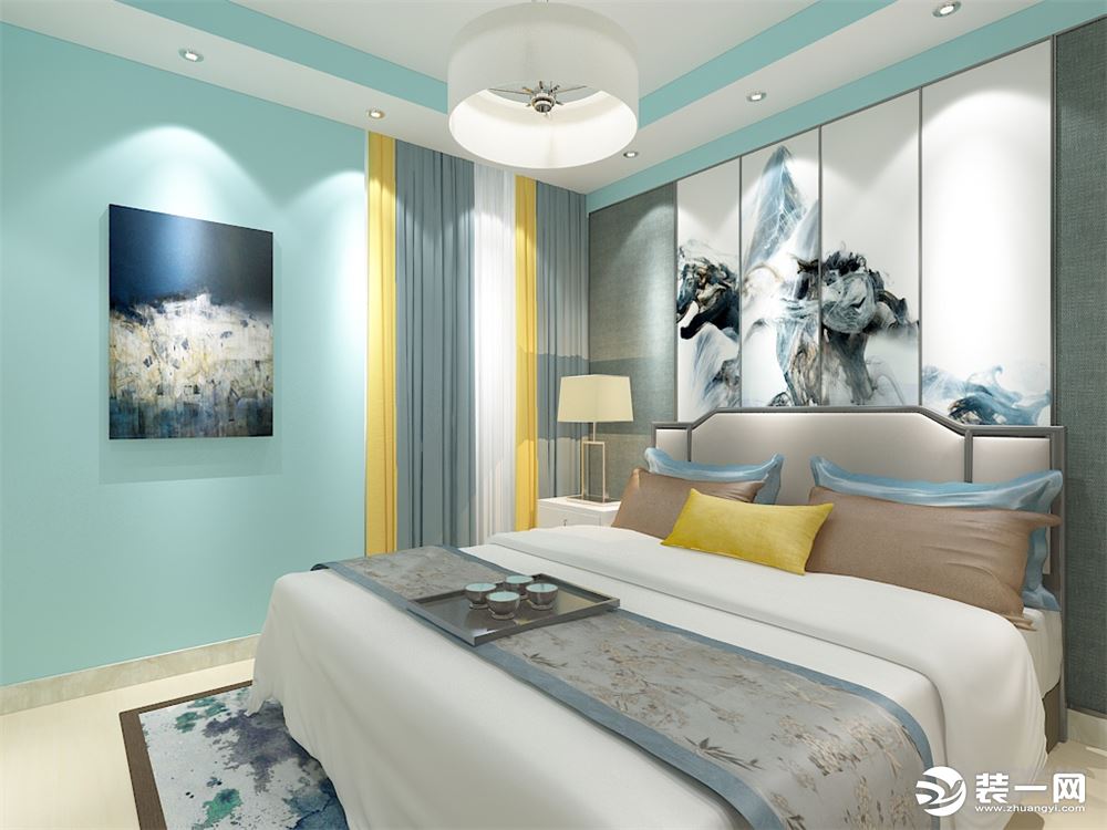 卧室以中式风格为主现代风格为辅。衣柜为现代风衣柜，挂中式风格装饰画。
