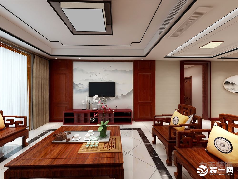 客厅有着独立的的生活阳台，光线亮，空气流畅，内设实木的中式家具套和电视柜