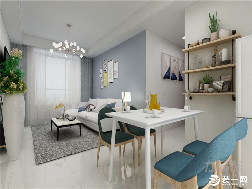 客厅的沙发墙选用业主喜欢的蓝色作为整体主调色，在家具的选择上选择了纯白家具，简单利落干净