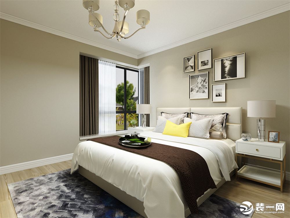 在卧室的设计中，墙面采用与客餐厅一致的乳胶漆颜色，使整个空间和谐统一。