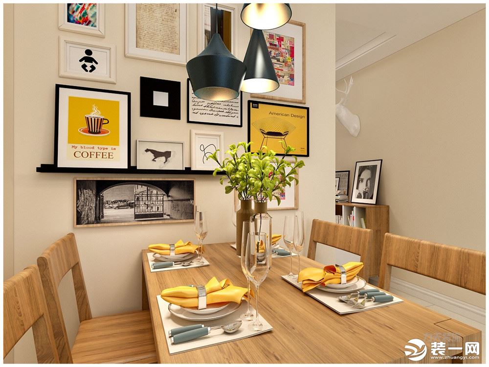 餐桌椅在与厨房一墙之隔的位置，简单四人餐桌，墙面是整组的装饰画。