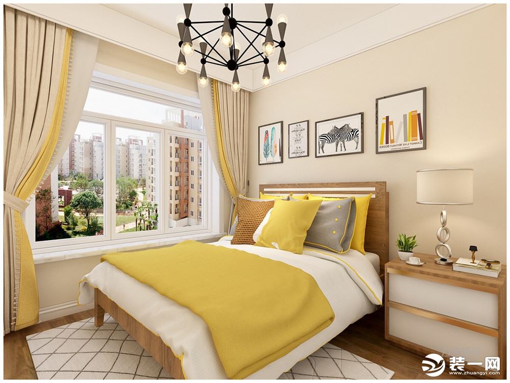 主卧室的墙面颜色与客餐厅相同，床品搭配的颜色偏黄，属于暖色调，看起来十分温馨